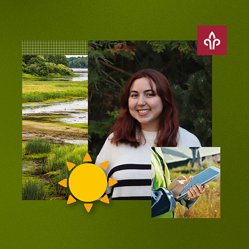 Photo collage of a woman, a sun emoji, and a green field
