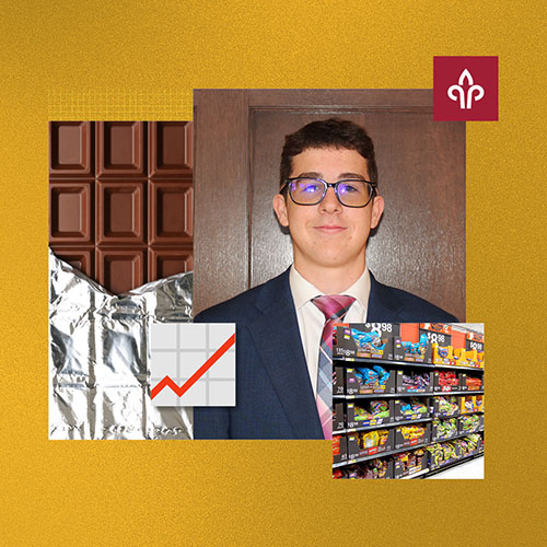 Photo collage of a man, a chocolate bar, snack food, and a chart with a positive trend