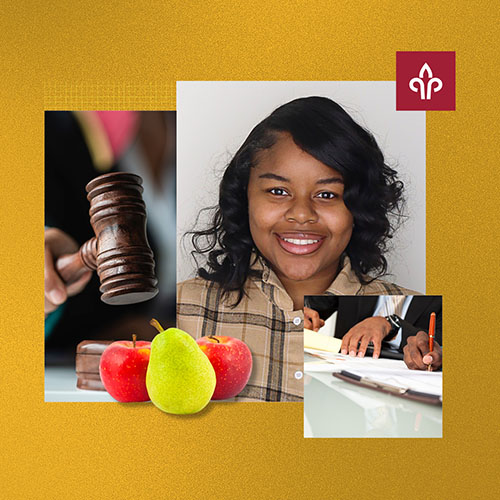 Photo collage of a woman, apples and pears, a gavel, and people writing notes