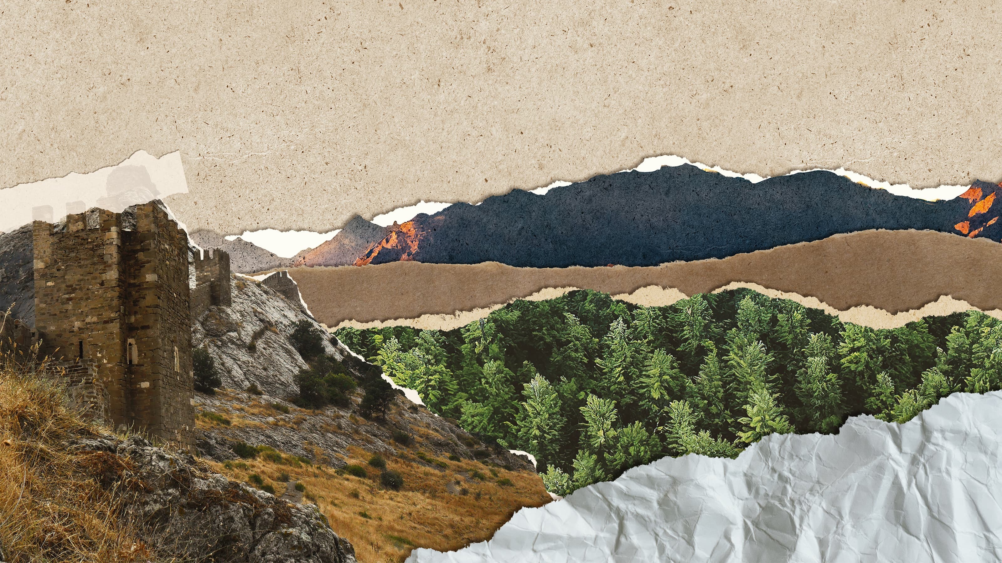 An illustration of mountains with ripped paper