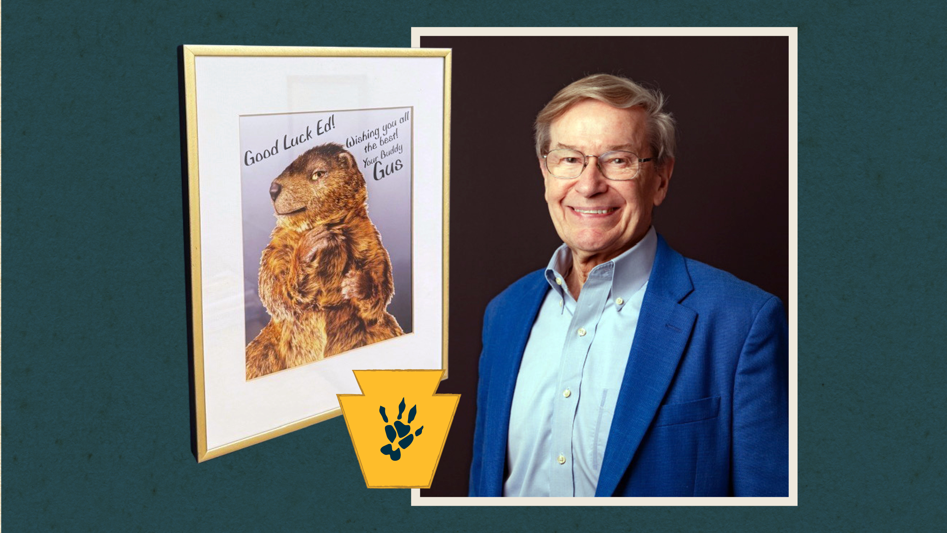Ed Mahlman, BA ’69, with a portrait of Gus the Groundhog