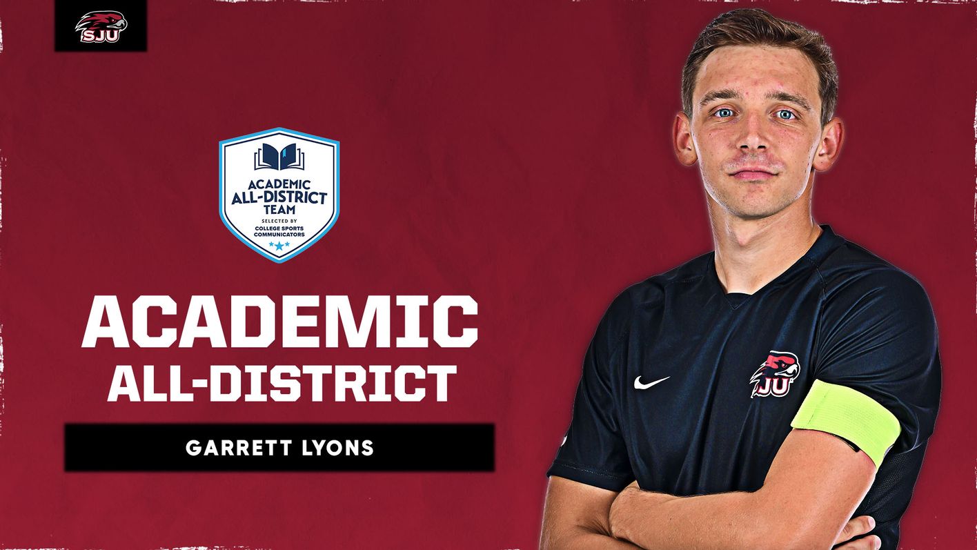 Image of Garrett Lyons on red background with text that reads Academic All-District Garrett Lyons