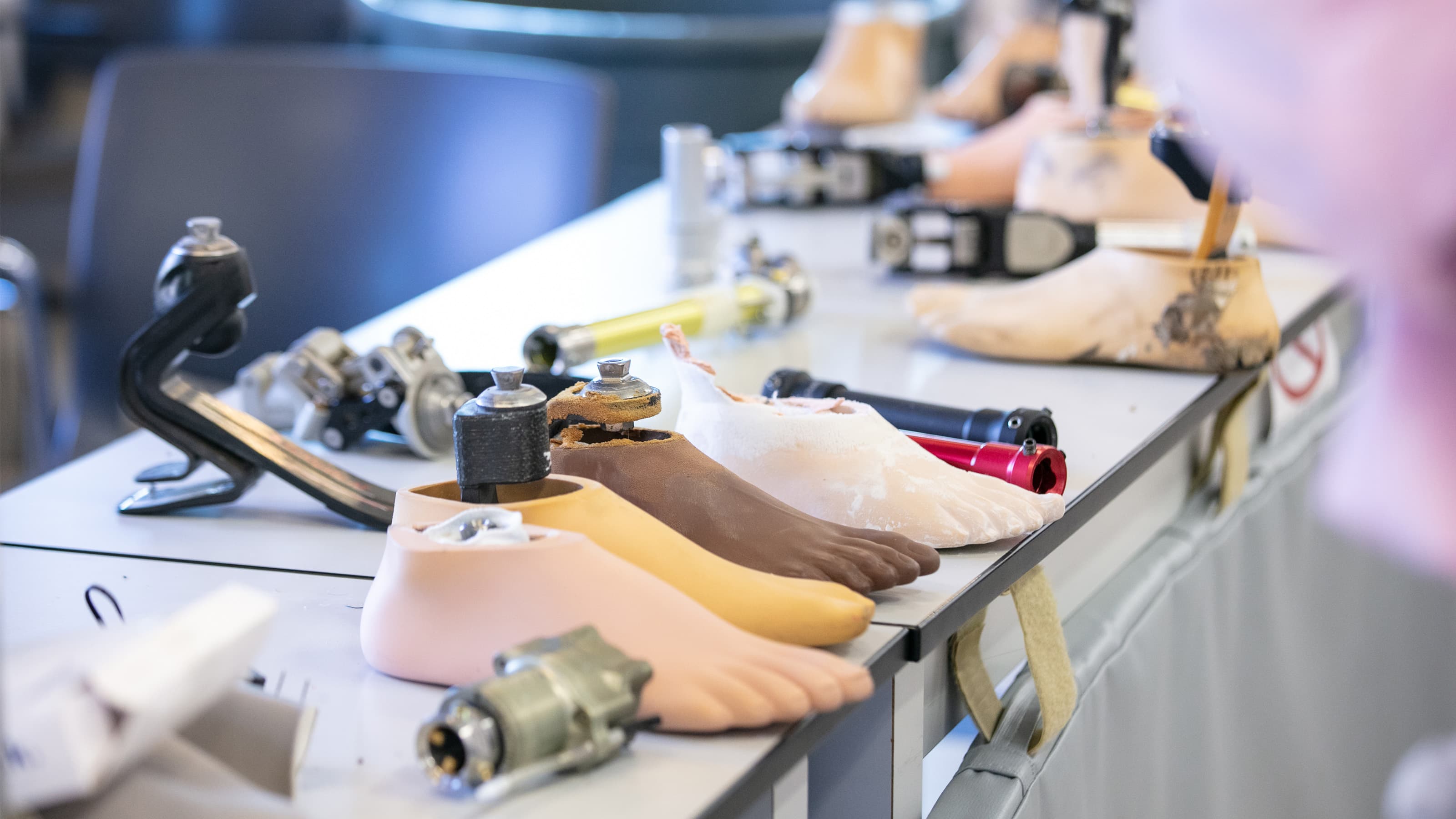 Prosthetic feet and other devices sitting on a table