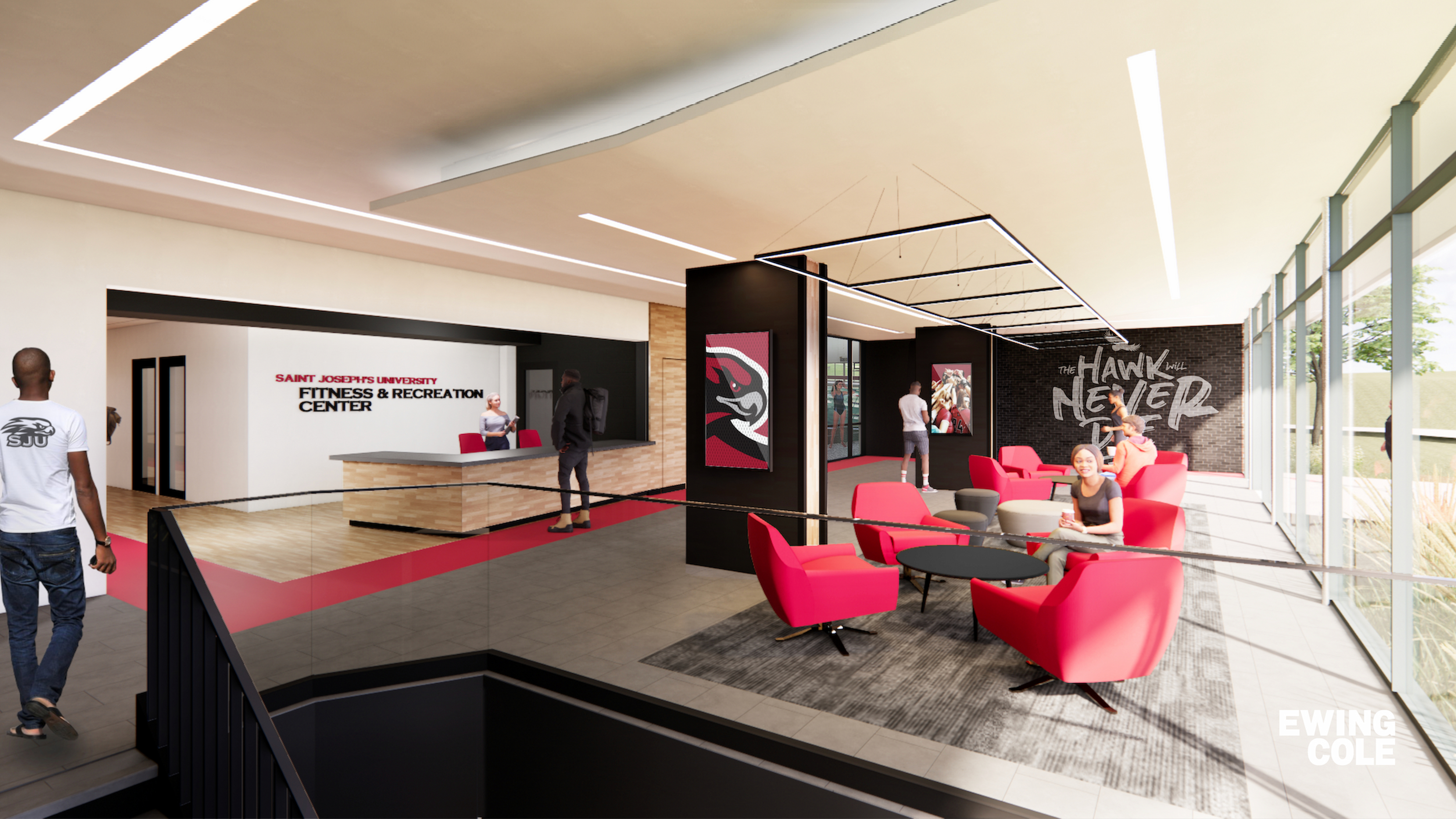Welcoming common areas encourage conversations and connections with interactive displays and space to rest and recover.  The lobby space will transform the fitness and recreation center into a campus hub for building friendships, meeting new people and creating a sense of belonging. 