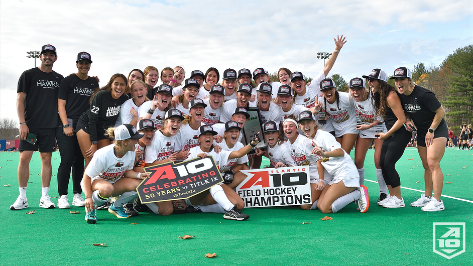 Saint Joseph's field hockey team poses after they win the A-10 championship