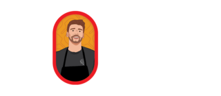 Illustration of a man with coffee pizza boards in the background