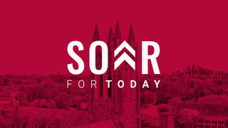 SJU red SOAR campaign lockup with aerial image behind it