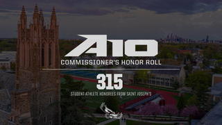 Atlantic 10 Honor Roll tag with photo of Saint Joseph's Barbelin Hall behind it