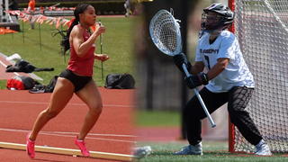  Jorden Concordia on right side on Lacrosse field and Sydney Rose on left side running on the track