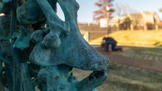 A closeup of Steve Tobin's Bonewall sculpture.