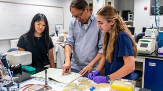Saint Joseph's professor with two students in lab