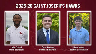 Headshot of three male students serving as Saint Joseph's University's Hawk mascots