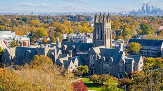 Aerial view of Saint Joseph's campus featuring Barbelin Hall in the fall