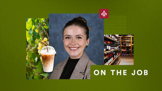 Collage of images including a student headshot, grapes and wine bottles on a green background 