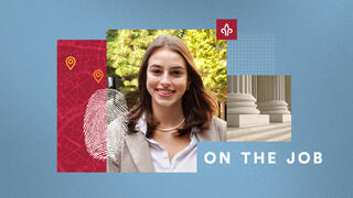 Ava Gawronski, BA ’26, with a fingerprint and a courthouse image