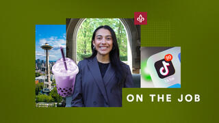 Eshika Attri, BS ’26, with a TikTok logo and a boba tea