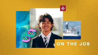 Collage of images including a student headshot, ship and ocean on a yellow background 