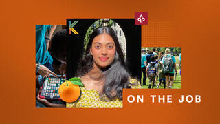 Dinithi Weerasinghe, BS ’27, headshot on a graphic