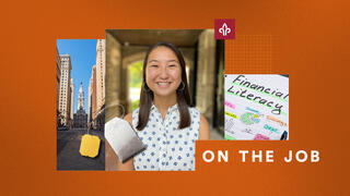 Grace Heller, BS ’26, headshot on a graphic 