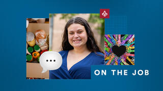 Isabel Casey, BS ’22, MSW ’25, headshot on a graphic