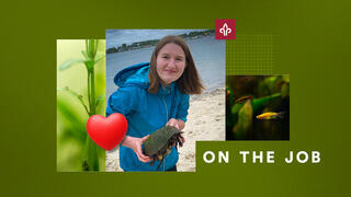 Katie Spilatore, BS ’27, headshot on a graphic