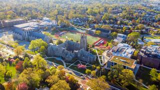 Aerial view of Saint Joseph's University's Hawk Hill location at sunrise.