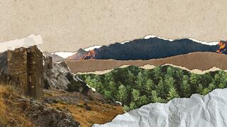 An illustration of mountains with ripped paper