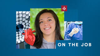 A woman's photo with healthcare images around her