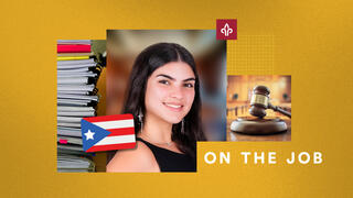A woman smiling and a Puerto Rican flag