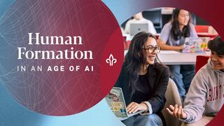 Text, Human Formation in an Age of AI, paired with image of students in a classroom