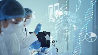 Scientists at microscope looking at glass tube. Image overlaid with DNA strands and science symbols