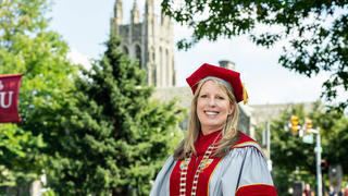 Dr. McConnell in front of Barbelin Hall after being inaugurated as Saint Joseph's University's 29th president.