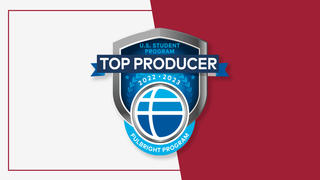 Graphic on white and red background that reads "U.S. student program top producer 2022-2023 Fulbright Program"
