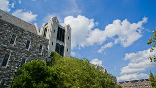 Mandeville Hall at sunset in the springtime.