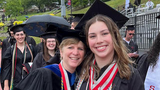 Jodi Mindell, PhD, (left) and Mikayla Carson ’22, ’23 (MS)(right) at Saint Joseph’s graduate Commencement ceremony on May 20, 2023.