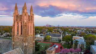 Aerial shot of Saint Joseph's University and the Philadelphia skyline