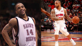 On the left, Jameer Nelson stands and smiles wearing a Saint Joseph's jersey. On the right, Nelson dribbles a basketball in a Detroit Pistons jersey.