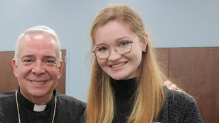 Philadelphia Archbishop Nelson Pérez (left) and Julia Osęka ’25 (right) at SCHEAP discernment gathering at Neumann University on January 24, 2023