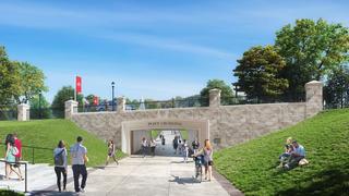Rendering of students using Post Crossing to walk between Saint Joseph's Lower Merion and West Philadelphia sides of the Hawk Hill campus.