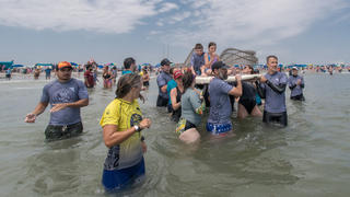 Students in Saint Joseph’s physical therapy program volunteering at Life Rolls on, the world’s largest adaptive surf event.