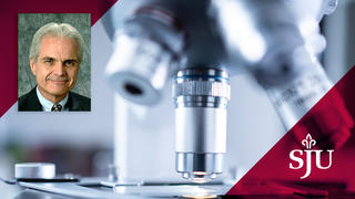 Ken Young inset in microscope photo with SJU logo treatment