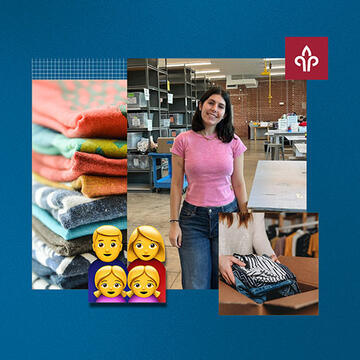A woman smiling in a pink shirt with emojis of faces next to her