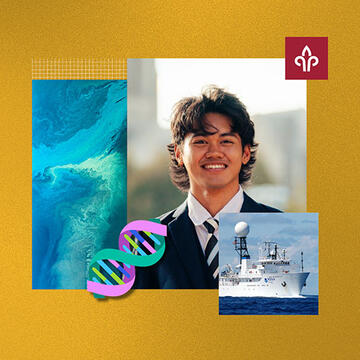 A man smiling with an icon of DNA strands next to him
