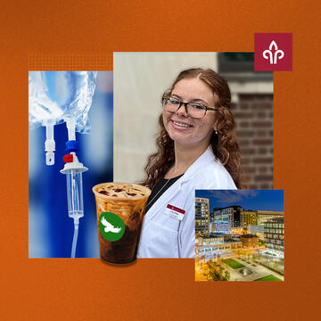 Photo collage of a woman in a white coat, a coffee, an IV drip, and modern buildings