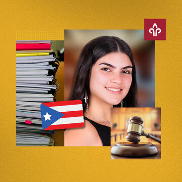 A woman smiling and the Puerto Rican flag
