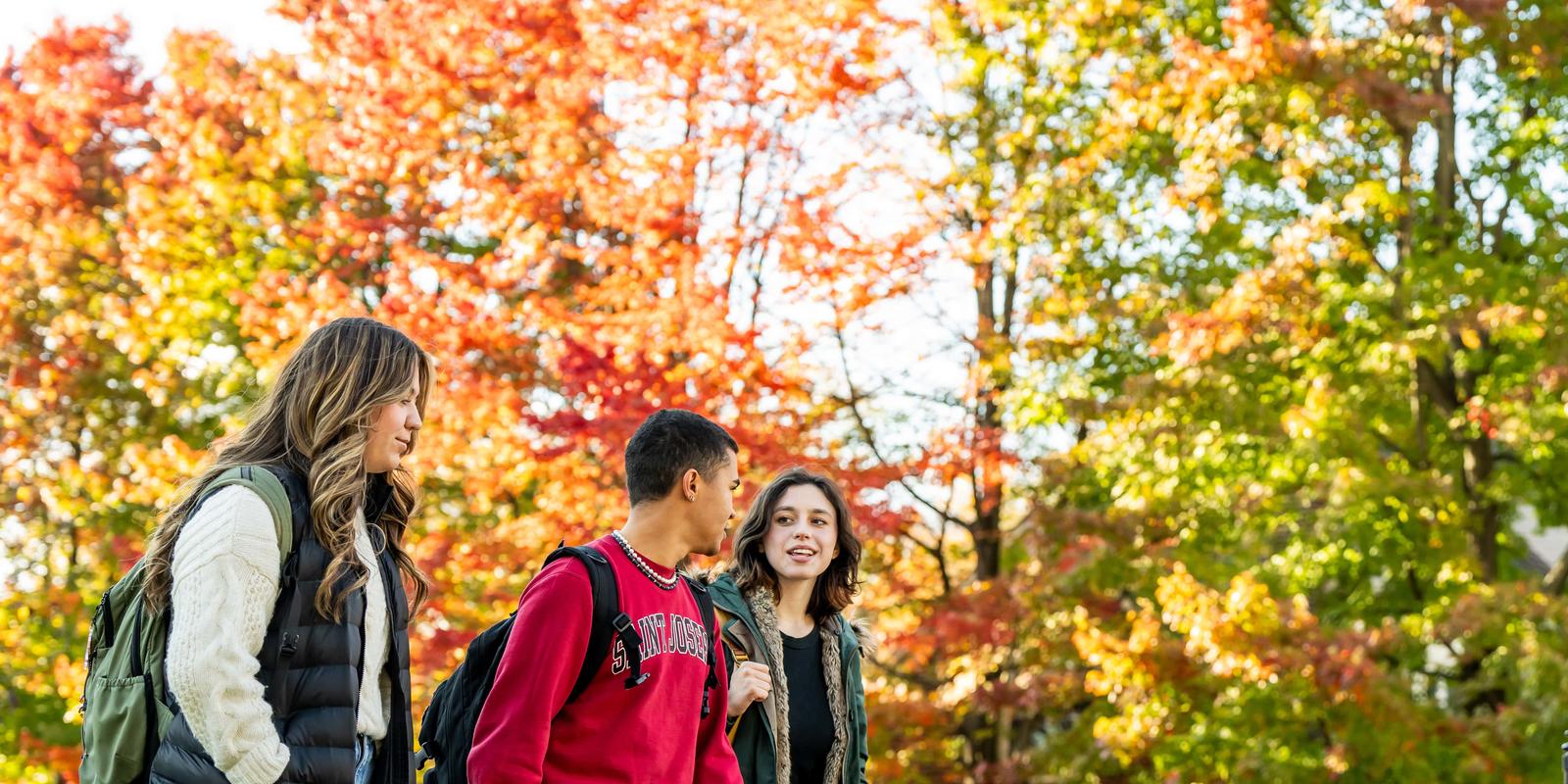 3 students walking outside around the fall trees