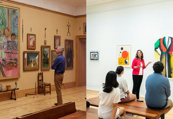 Left to right: The Barnes Foundation, Detail Room 19, North Wall and Erin Downey, PhD, assistant curator of the Frances M. Maguire Art Museum, speaking with Saint Joseph's students inside of a gallery. 