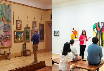 Left to right: The Barnes Foundation, Detail Room 19, North Wall and Erin Downey, PhD, assistant curator of the Frances M. Maguire Art Museum, speaking with Saint Joseph's students inside of a gallery. 