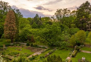 Aerial view of the Barnes Arboretum before sunset
