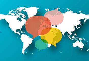 World map image with pink, yellow and red text boxes 